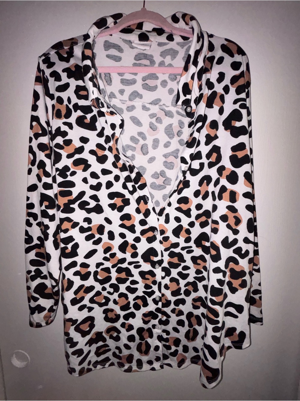 LuLaRoe White Button-Down Top with Black & Brown Leopard Spots